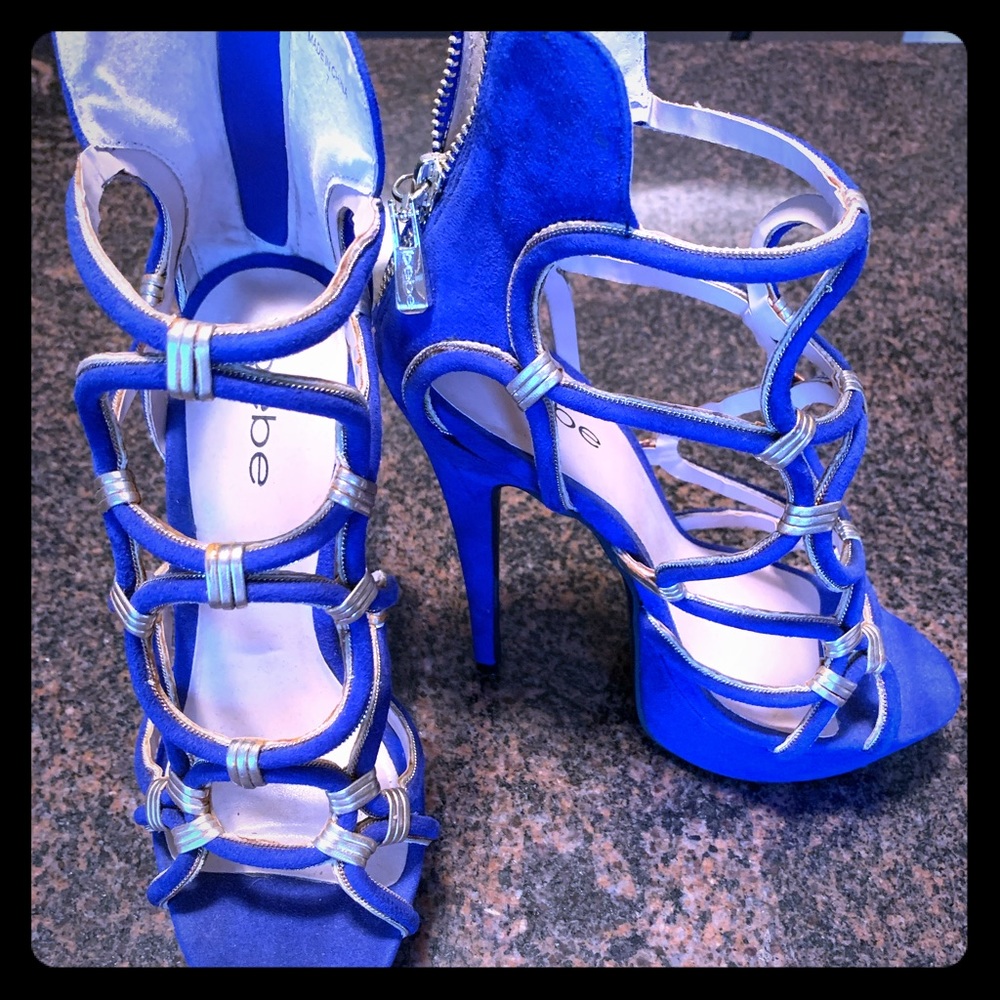 Bebe blue suede strap high heels sz 7
